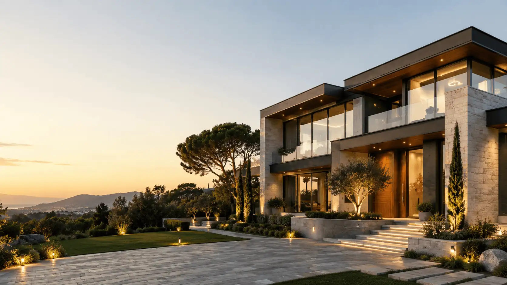 Modern luxury residential property exterior at golden hour